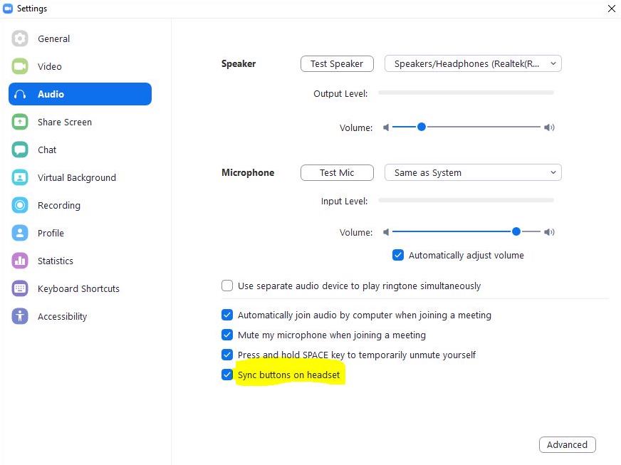 highlight setting in Zoom to disable microphone sync